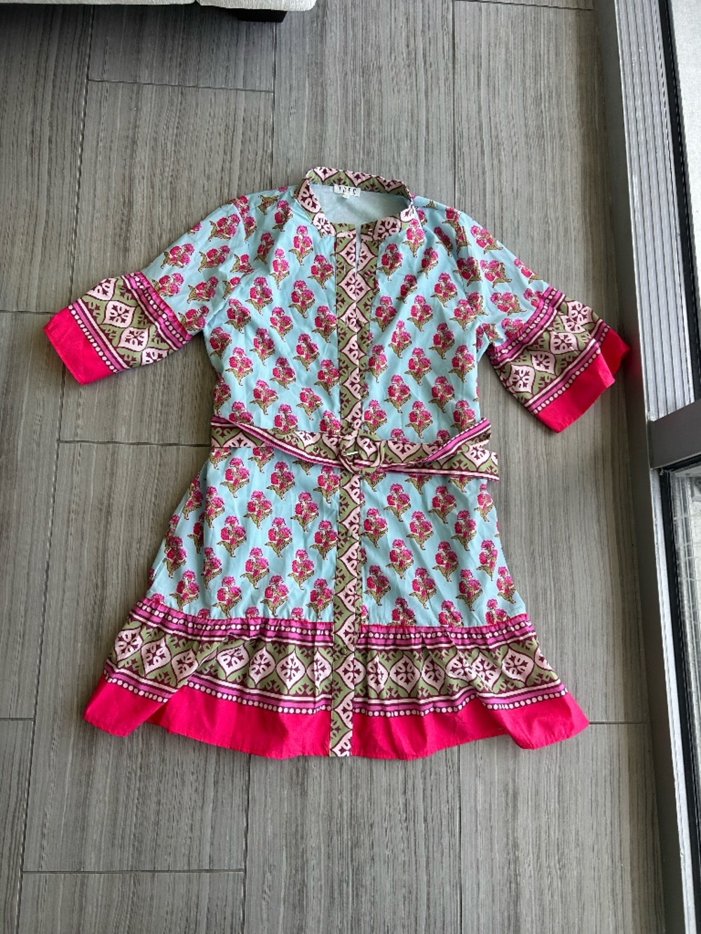 TCEC Women’s L Blue Pink Floral Block Print Belted Mini Dress Boho Resort